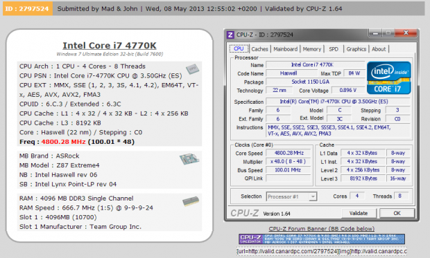 4770K validado en CPU-Z a 4800MHz