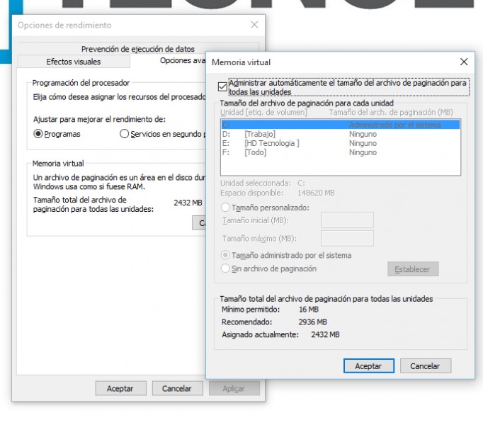 Cómo acelerar Windows 10 y Ajustar la memoria virtual-3