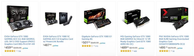 Los precios de algunas GTX 1080 en Amazon.
