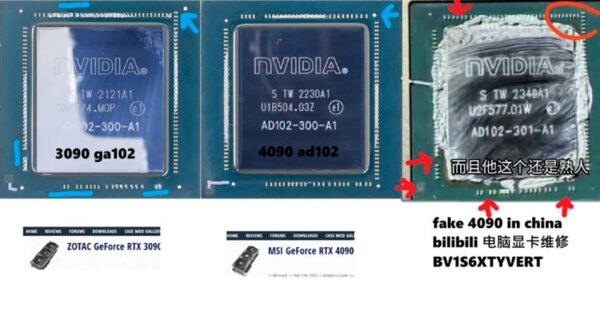 Falsificaciones de RTX 4090 en China, usan chips de RTX 3090 y modifican la serigrafía de la GPU